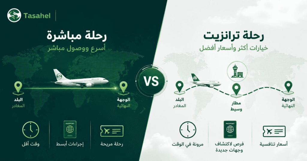 مقارنة بين الطيران المباشر ورحلة الترانزيت لاختيار الأنسب لرحلتك مع تساهيل